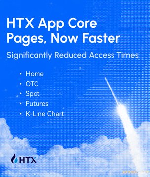 A promotional graphic announcing HTX app updates, featuring the headline "HTX App Core Pages, Now Faster" and "Significantly Reduced Access Times" alongside a bullet-pointed list of optimized features (Home, OTC, Spot, Futures, and K-Line Chart) set against a blue sky background with the HTX logo at the bottom.