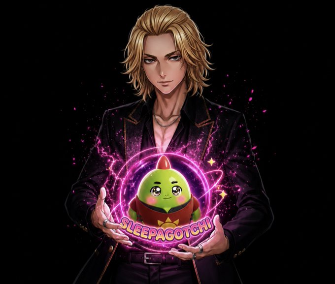 Anime-style illustration of a blonde male character holding a glowing pink orb containing a green Sleepagotchi mascot, with 'SLEEPAGOTCHI' written on the orb.