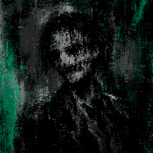 A glitchy, dark digital portrait of a man with the word 'ENEMY' barely visible above him, styled in green and black static.