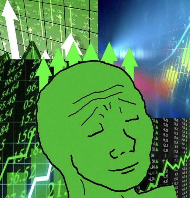 A bright green Wojak (the "smug" or "brainlet" character) wearing a spiky upward-arrow crown sits in front of a collage of green stock market charts, rising tickers, and bullish candlestick graphs, with visible numbers like "156", "54.64", and "96." reinforcing a sense of gains. The image playfully visualizes the post's "We're winning today" sentiment by depicting the meme character literally crowned with upward market arrows amid an aggressively bullish trading montage.