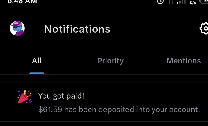 Notifications screen showing "You got paid! $61.59 has been deposited into your account."