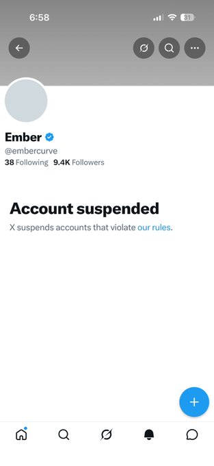 A suspended X (Twitter) profile page for "Ember" (@embercurve) showing 38 Following and 9.4K Followers, with a message that reads "Account suspended. X suspends accounts that violate our rules," suggesting the $EMBER account was banned—likely fueling speculation of jealousy, as noted in the caption.
