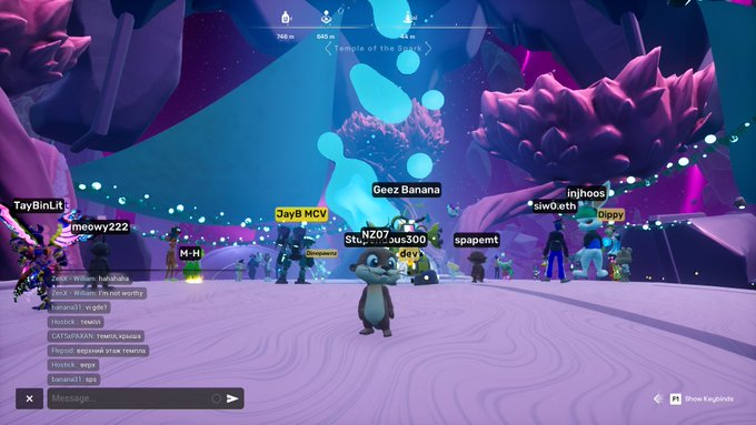 A multiplayer game scene at the 'Temple of the Souls' shows various player avatars with usernames including 'Geez Banana', 'ZJayB MCV', and 'NZ07', with a chat box visible in the lower left.