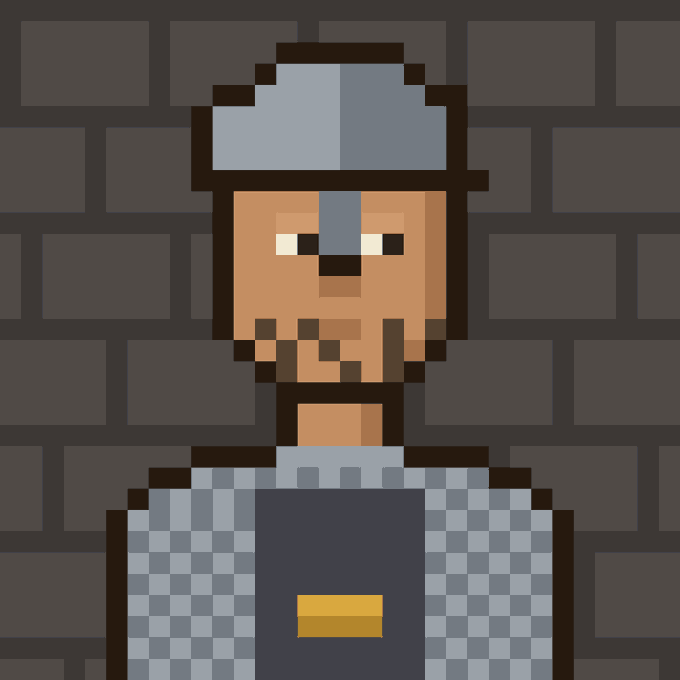 A pixel art illustration of an elderly man with a gray beard wearing a blue cap and blue checkered overalls, set against a dark brick wall background.
