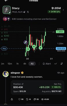 The image shows a crypto trading chart on a platform called Infeed, displaying the token "Stacy" (TRUE/Mem) with a 6.9K holders count including chairman and SerConnor, showing a current price of $1.85M with a 3,167.12% gain highlighted on a candlestick chart. Below the chart is a post from user "slingoor" bragging about "I love hot and sweaty women" while showcasing a portfolio position worth $30.43K with a +100.1% net P&L, aligning with their boast about buying every crucial dip and holding 40 coins publicly on a single wallet.