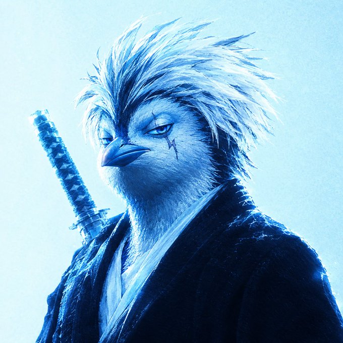 An anime-style illustration depicts a humanoid bird-like samurai warrior with spiky white and blue plumage, a scar across its eye, and a katana strapped to its back, rendered in cool blue tones.