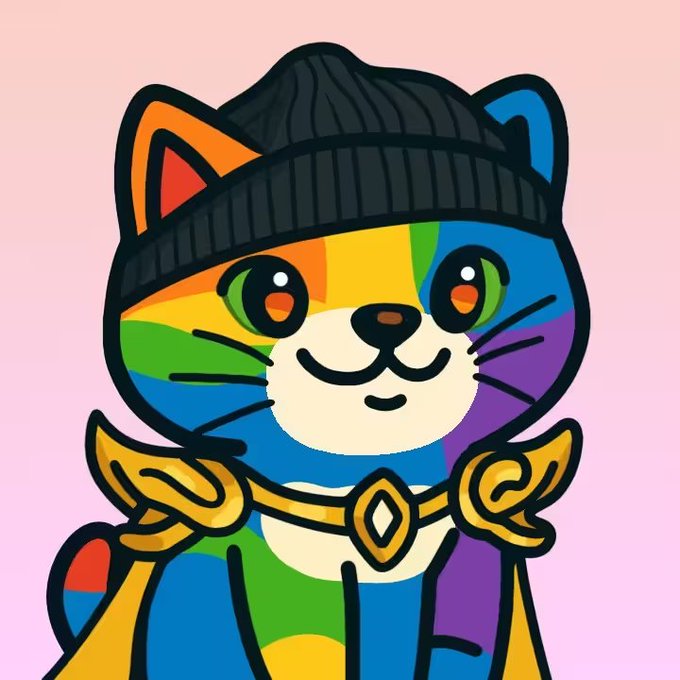 A colorful digital illustration of a cat character with a multi-colored patchwork face, wearing a black beanie and a gold necklace, set against a pink gradient background.