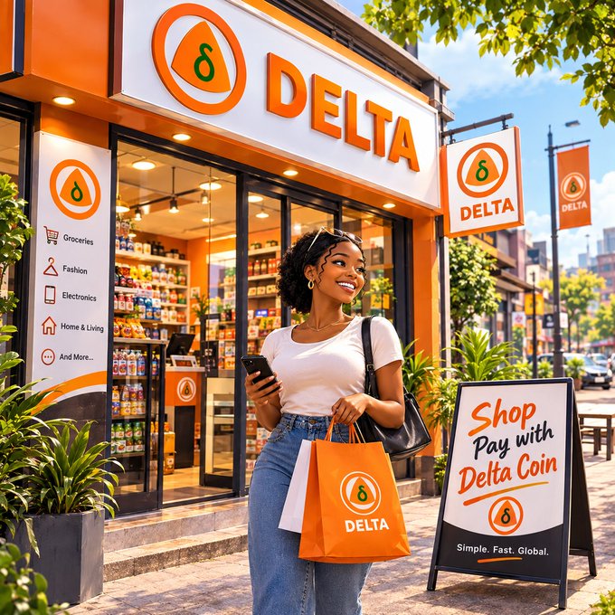 An illustrated advertisement depicts a smiling young woman holding a Delta shopping bag outside a Delta store, with a sandwich board reading 'Shop Pay with Delta Coin' and listing categories like Groceries, Fashion, and Electronics.