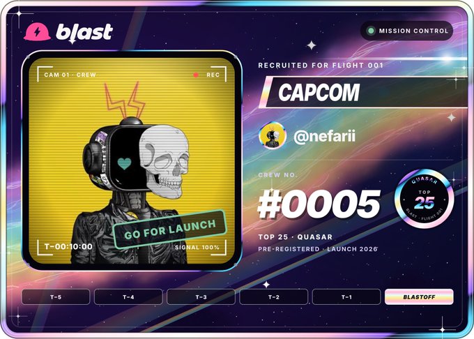 A colorful digital mission control interface for 'b/last' featuring a character with a skull face wearing headphones, displaying 'RECRUITED FOR FLIGHT 001', 'CAPCOM', username '@nefarii', and 'CREW NO#0005' with 'GO FOR LAUNCH' text.