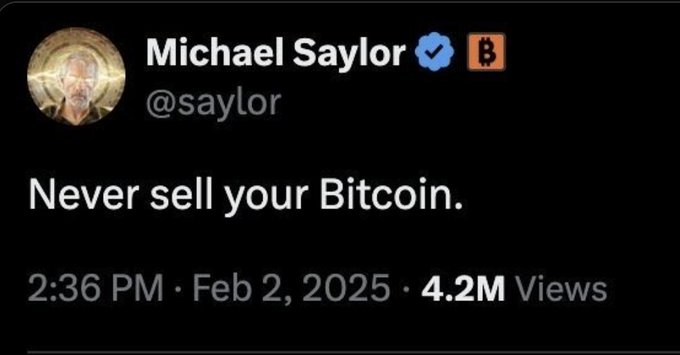 The image features a black background with white text that reads "Never sell your Bitcoin". Below this, there's an image of a man wearing a gold crown, which appears to be a symbol related to Bitcoin or cryptocurrency. The caption below the image states "Focus on what is in the image and how it relates to the post."