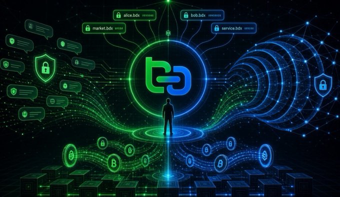 A figure stands before a glowing Beldex logo, surrounded by interconnected digital nodes representing services like "alice.bdx," "bob.bdx," "market.bdx," and "service.bdx," symbolizing Beldex's comprehensive privacy-focused ecosystem including BChat, BelNet, and BNS. The image visually reinforces the post's message about privacy being embedded across the entire infrastructure, from decentralized naming to secure communications.