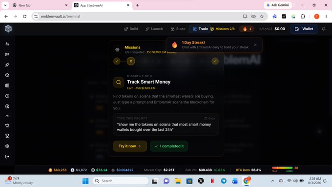 A screenshot of the EmblemAI terminal interface showing a 'Missions' pop-up for 'Track Smart Money' (Mission 3 of 5), with a prompt to show tokens on solana with the most smart money wallets bought over the last 24h.