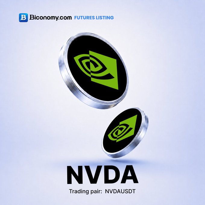 A promotional graphic from Biconomy.com announcing the FUTURES LISTING of NVDA (Trading pair: NVDAUSDT), featuring two 3D metallic coin-style tokens displaying the NVIDIA eye logo in green.