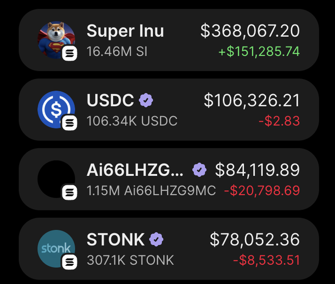 Cryptocurrency portfolio list showing Super Inu ($368,067.20, +$151,285.74), USDC ($106,326.21, -$2.83), Ai66LHZG... ($84,119.89, -$20,798.69), and STONK ($78,052.36, -$8,533.51).