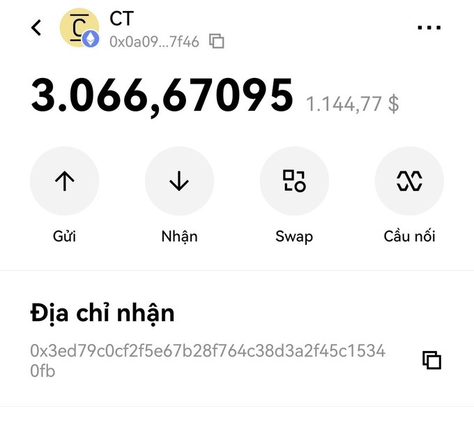 A screenshot of a crypto wallet displaying a balance of 3.06667095 CT tokens (worth approximately $1,144.77) with a receiving address, shared to celebrate one year of holding $CT with ConcreteXYZ.