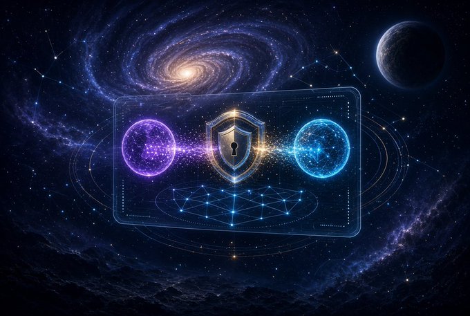 Digital artwork depicting a cosmic scene with a spiral galaxy, a moon, and a central shield flanked by glowing purple and blue spheres connected by a beam of light.