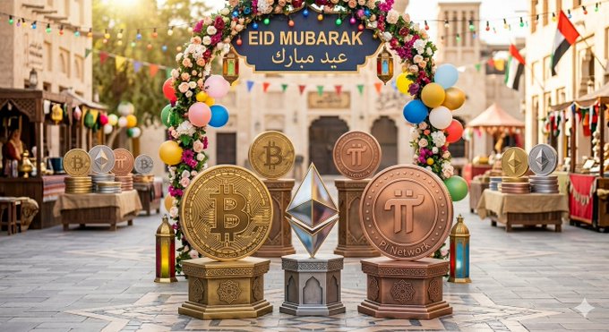 The image features a festive scene set up for the Islamic holy month of Ramadan. The centerpiece is an archway adorned with colorful balloons and flowers, which serves as a welcoming entrance to the celebration. Atop this archway are three coins - one Bitcoin, one Ethereum, and one Pi Network coin. These coins are placed on top of a table, surrounded by other coins that add to the festive atmosphere. The image also includes text that reads "Eid Mubarak" and "Happy Crypto Eid!", indicating the theme of the celebration.