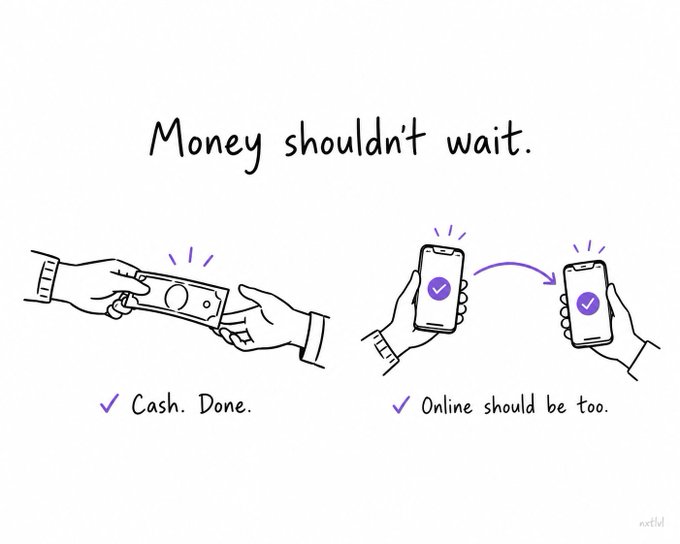 An illustrated graphic titled 'Money shouldn't wait.' showing two checkmarked options: 'Cash. Done.' (handing over cash) and 'Online should be too.' (phone transfer with checkmark).