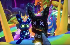 A colorful, psychedelic digital artwork featuring black cartoon-style bunnies with X-shaped eyes in a vibrant, abstract environment with neon colors.