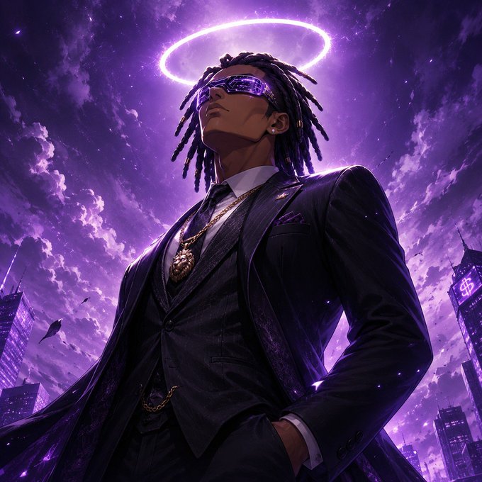 Anime-style digital art of a stylish man with dreadlocks, sunglasses, a halo, and a gold pendant, set against a purple cloudy sky and city skyline.