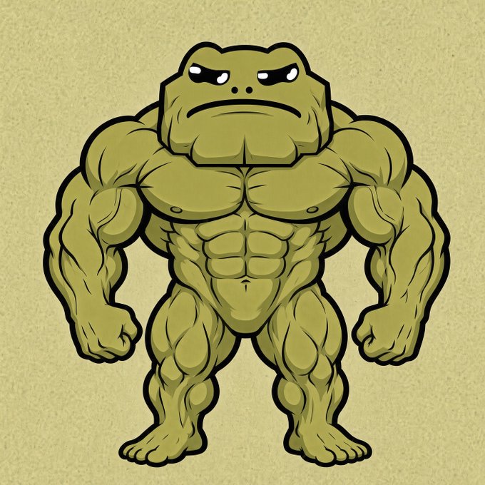 A cartoon illustration of a muscular, bodybuilder-style olive-green figure with an angry expression on a beige background.