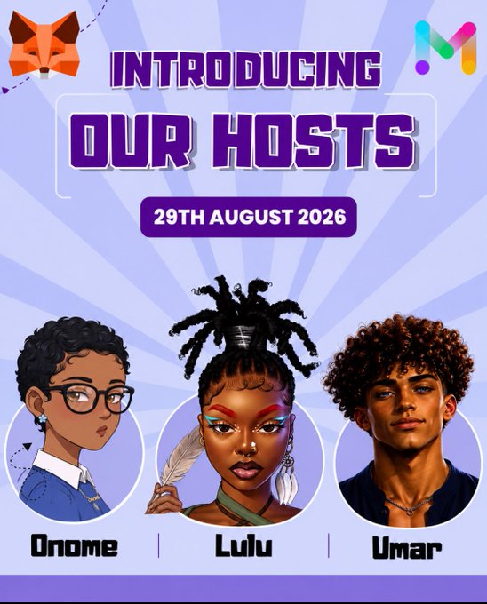 Promotional graphic reading 'INTRODUCING OUR HOSTS 29TH AUGUST 2026' featuring three illustrated character portraits labeled Onome, Lulu, and Umar, with a fox logo and an 'M' logo in the corners.