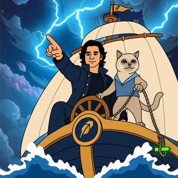 An illustrated scene shows a man named Vlad with long dark hair, wearing a navy jacket, steering a ship through a stormy sea while pointing forward, accompanied by a gray cat in a blue shirt beside him at the helm, set against a dramatic background of lightning-filled clouds. A small green object resembling a tag with text appears near the ship's wheel, with stylized waves crashing around the vessel, embodying the post's theme of perseverance through turbulence with $CASHCAT.