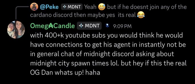 A Discord chat screenshot where user '@Peke' and 'OmegACandle' discuss someone with '400+k youtube subs' and 'midnight city spawn times.'