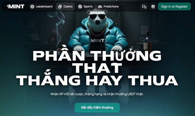 A promotional banner for 'MINT' betting platform featuring a panda wearing sunglasses and a teal puffer jacket, with Vietnamese text 'PHẦN THƯỞNG THẬT THẮNG HAY THUA' (Real rewards, win or lose) and navigation tabs for Leaderboard, Casino, Sports, and Predictions.