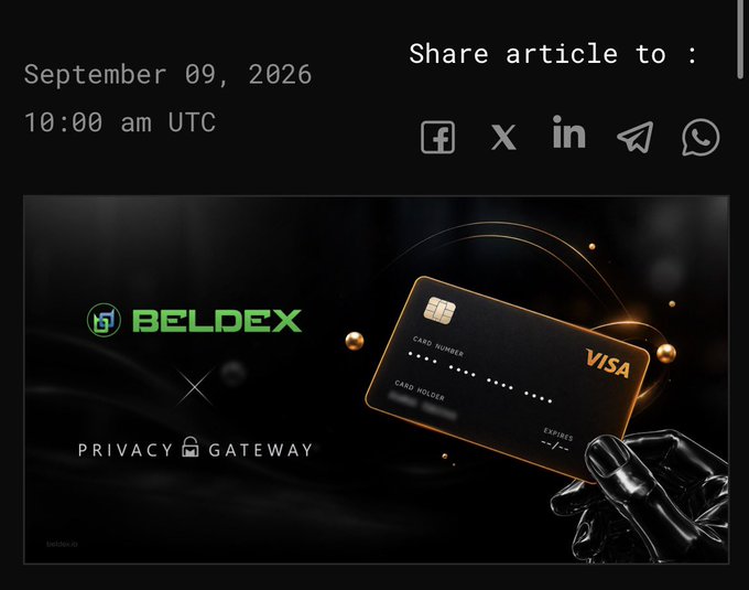 An article header dated September 09, 2026, featuring a promotional image for a 'BELDEX' x 'PRIVACY GATEWAY' Visa card held by a robotic hand.