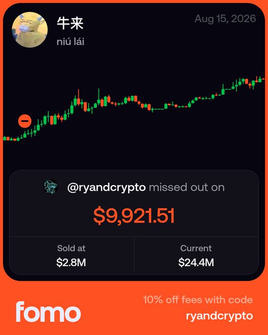 A mobile app screen from 'fomo' showing a missed crypto trade by @ryandcrypto on the '牛来' (niú lái) token dated Aug 15, 2026, where they sold at $2.8M while the current value is $24.4M, missing out on $9,921.51, with a promotional code 'ryandcrypto' for 10% off fees.