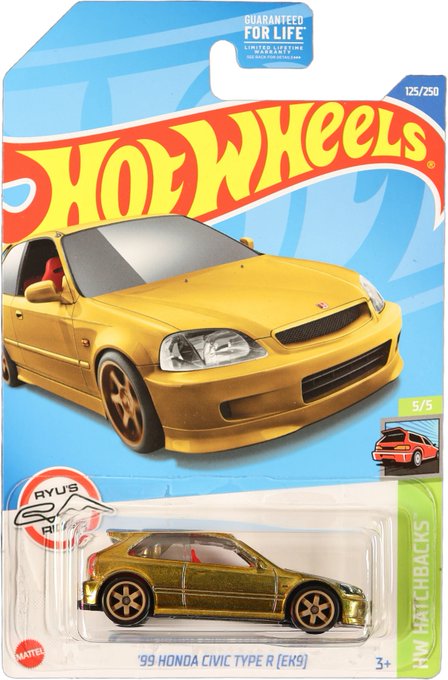 A Hot Wheels toy car package featuring a '99 HONDA CIVIC TYPE R [EK9]' in gold, marked as '5/5' in the 'HW HATCHBACKS' series (125/250).
