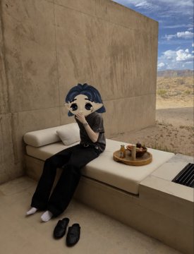 An animated character with dark hair and headphones sits on a modern desert lounge sofa beside a tray of drinks, enjoying a relaxed outdoor moment that mirrors the post's vibe of kicking back while celebrating a nearly 2x combo win and climbing the leaderboard.