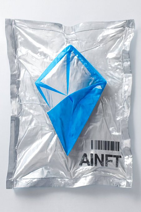 A silver foil package displays a blue diamond-shaped logo above a barcode and the text "AINFT," visually representing the blend of cryptographic rarity and software intelligence described in the post. The packaging symbolizes the secure, asset-backed nature of the hybrid AI-NFT architecture.