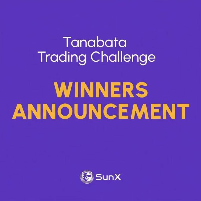 A purple promotional graphic with white and orange text reading 'Tanabata Trading Challenge WINNERS ANNOUNCEMENT' above the SunX logo.