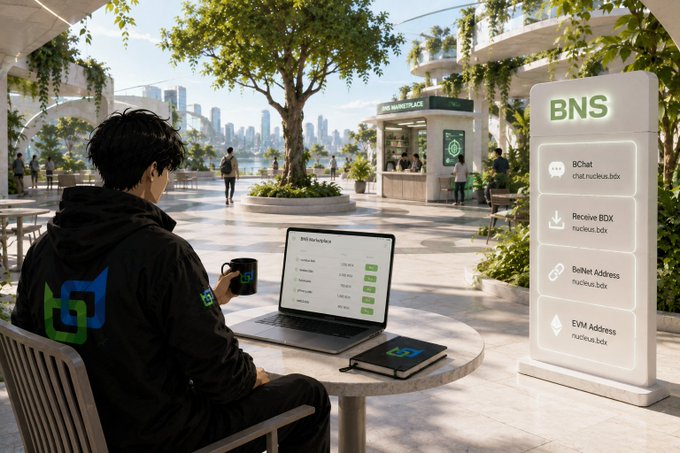 A person sitting at an outdoor café using a laptop, with a holographic 'BNS' interface displaying options like 'BChat', 'Receive BDX', 'BeNet Address', and 'EVM Address' in a futuristic city setting.