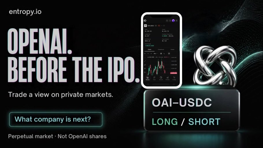 Promotional banner for entropy.io advertising trading on private markets with the headline 'OPENAI. BEFORE THE IPO.' and showing an OAI-USDC perpetual long/short market.