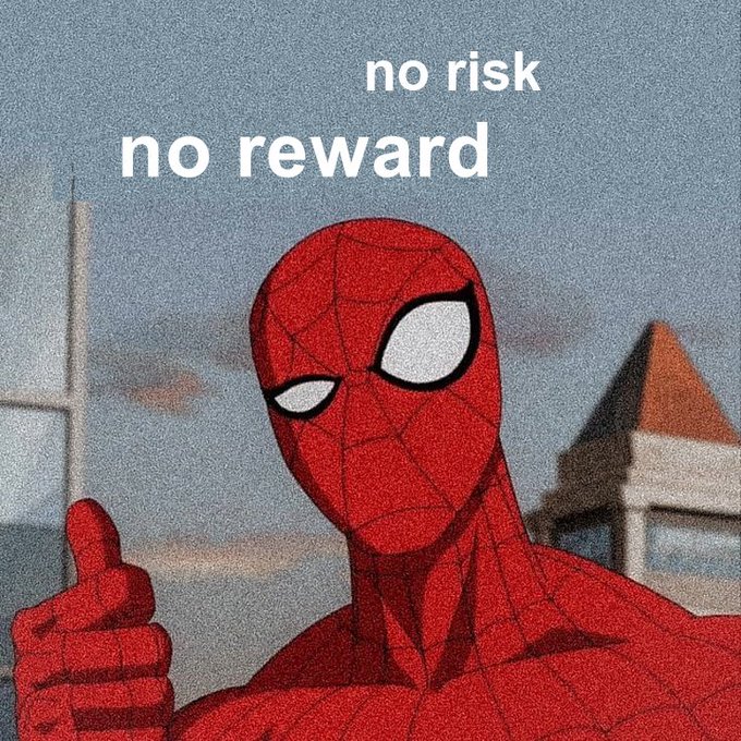 A meme image featuring Spider-Man giving a thumbs-up with the text "no risk no reward" at the top, paired with a caption about shifting from seeking free money to making existing money work harder, embodying the message that financial growth in 2026 requires risk-taking effort rather than easy passive gains.