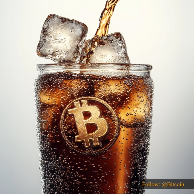 A glass of cola with ice cubes featuring a golden Bitcoin logo embedded in it, with 'Follow: @Bitcoin' text in the corner.