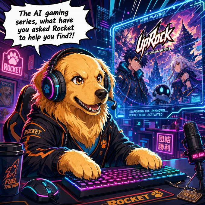 An anime-style illustration shows a golden retriever wearing gaming headphones at a keyboard, with a speech bubble reading 'The AI gaming series, what have you asked Rocket to help you find?!' alongside 'UpRock AI GAMING SERIES' artwork.