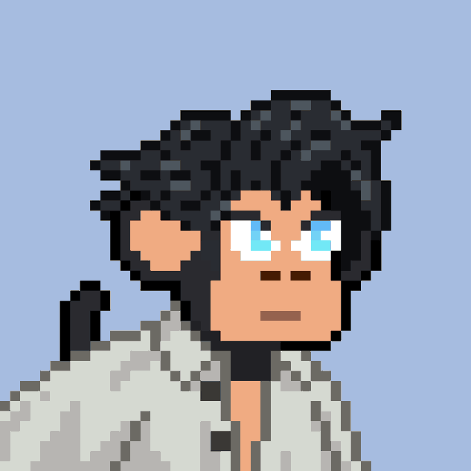 A pixel art portrait depicts a character with messy black hair, blue eyes, and a white jacket against a blue background.