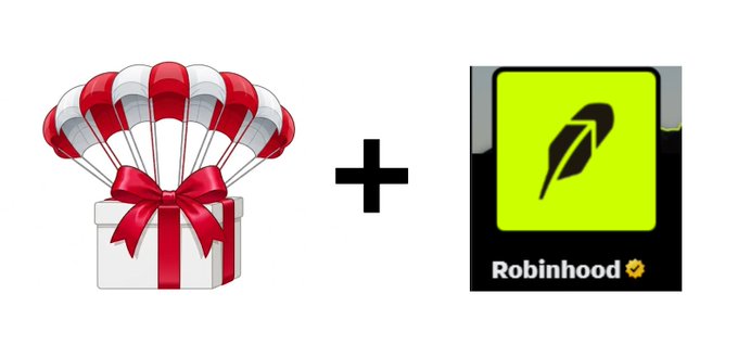 The image combines a red-and-white parachute gift box (symbolizing an airdrop or free rewards) with the Robinhood app icon, visually representing the post's promise that users "won't want to miss out" on airdrops and rewards tied to platforms like Robinhood and the promoted Arcus.xyz service.