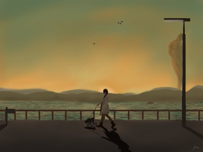A digital painting shows a silhouetted figure sweeping a pier at sunset, with a giant statue faintly visible in the background.
