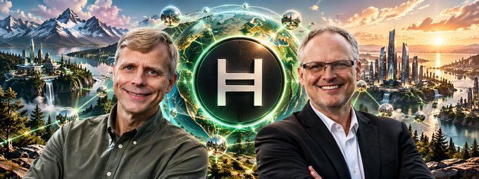 The image features two men positioned on either side of a central "H" logo (representing HBAR), set against a composite background of natural landscapes and a futuristic city skyline connected by a glowing global network—visually reinforcing the caption's message of Leemon Baird and Mance Harmon as the foundational duo behind Hedera Hashgraph's technical innovation and enterprise governance, building their vision long before the HBAR token.