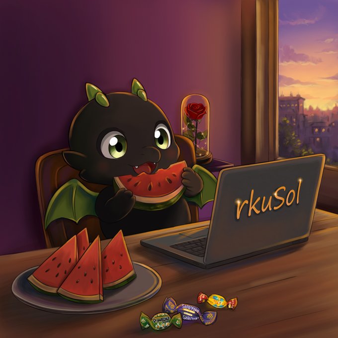 Digital illustration of a cute dragon-like creature eating watermelon at a desk with a laptop labeled 'rkuSol', accompanied by a plate of watermelon slices and scattered candies.