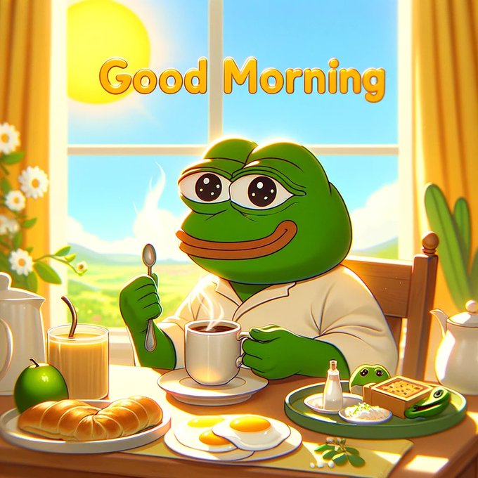 The cheerful cartoon image shows a smiling green frog in pajamas enjoying breakfast at a sunlit table, with the text "Good Morning" displayed prominently at the top—perfectly matching the warm, positive greeting of the post. The scene includes a steaming cup of coffee, sunny-side-up eggs, croissants, a green apple, and orange juice, creating a wholesome "good morning" vibe.