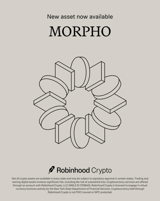 A Robinhood Crypto promotional advertisement announcing 'New asset now available MORPHO' with a geometric 3D logo and regulatory disclaimer text.
