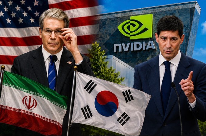 The image features Treasury Secretary Scott Bessent speaking in front of an American flag alongside Nvidia CEO Jensen Jensen pointing, with the Nvidia logo visible behind him, while the flags of Iran and South Korea are displayed prominently in the foreground—visually representing the key economic events outlined for the upcoming week.