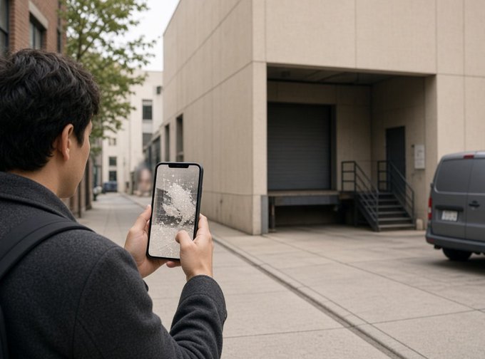 A person uses their smartphone to record a video of an urban alleyway featuring a loading dock, stairwell, and a parked van, visually demonstrating the "record a short video of a real-world location" step described in the post about the Vangrid contributor workflow.