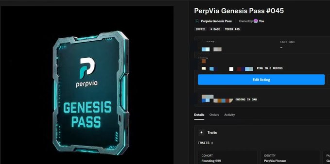 A digital collectible listing for a 'PerpVia Genesis Pass #045' on the Base network, showing the glowing blue card design, token details, and trait information.